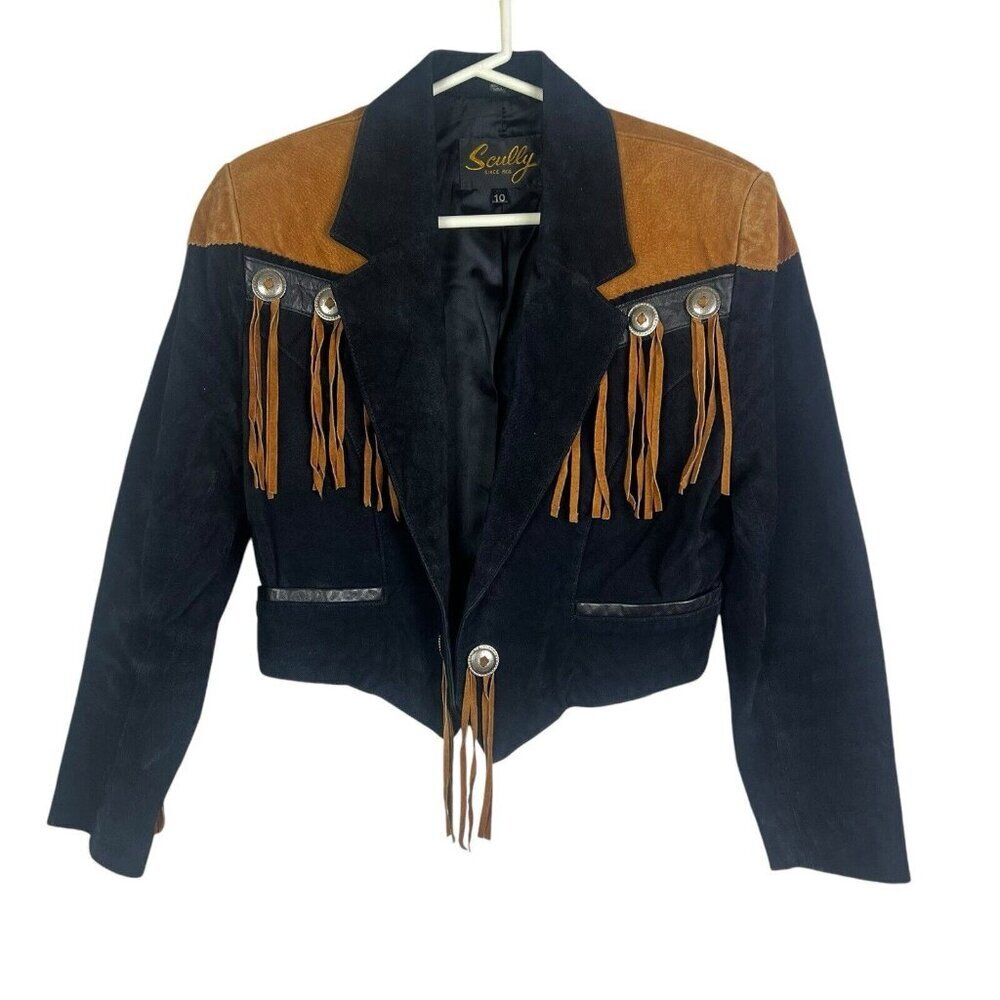 VTG Scully Jacket Womens Sz 10 Black Brown Fringe Suede Leather Jacket Western
